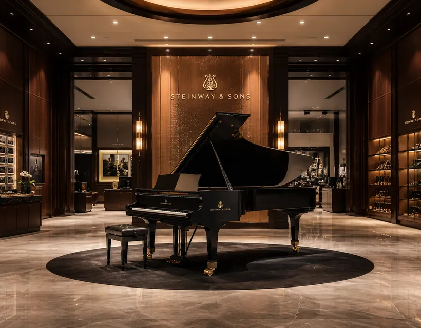 Warm afternoon light across the piano floor at Hartwell & Sons